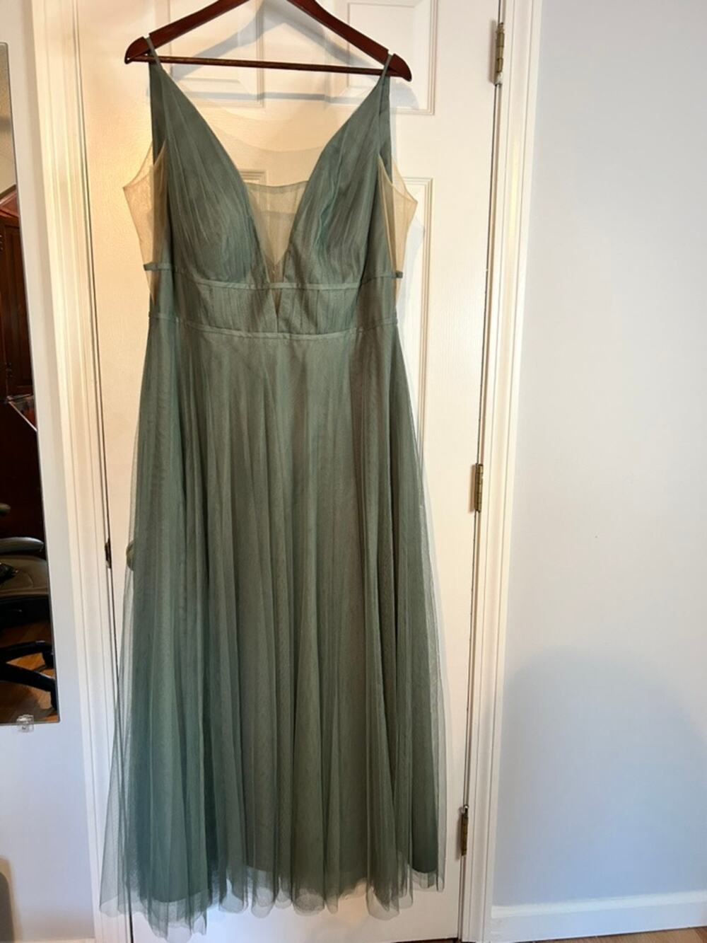 Jenny Yoo Womens 19 Sage Green Tulle Deep V Bridesmaid Maxi Dress Petite
